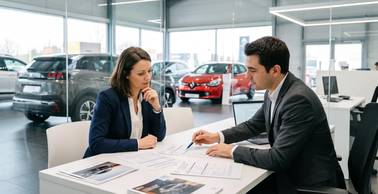 Cliente et conseiller automobile examinant ensemble un contrat de location avec option d'achat dans une concession française, documents étalés sur bureau moderne
